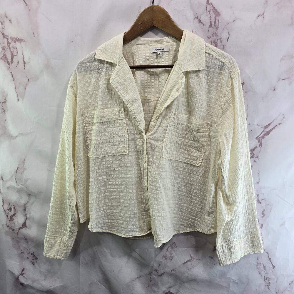 Madewell Shirt Women Small Cream Button Up Long Sleeve Boxy Textured Gauze Crepe